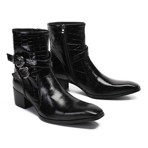 High-top cowhide <b>boots</b> with an English style retro men's shoes with square toe hand-carved patterns zipper black leather shoes - Product Image 4