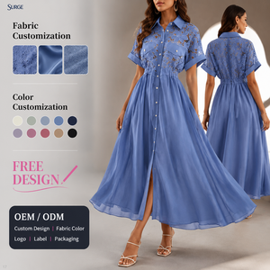 Abito lungo casual da donna blu con <span class=keywords><strong>colletto</strong></span> a <span class=keywords><strong>camicia</strong></span>, bottoni frontali, maniche corte con polsini arrotolati, ricami in pizzo e cintura annodabile in vita, modello a trapezio - Product Image 1