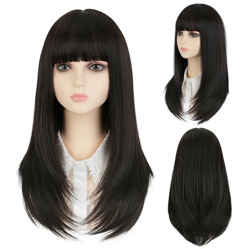 In stock american classical girls new fashion long straight natural bangs high temperature fiber synthetic hair wig for women