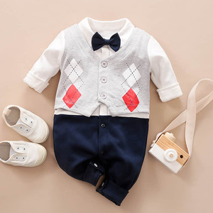 Customized Simple and Fashionable Casual Gray Long Sleeved <strong>Vest</strong> with Checkered Bow and Gentleman Jumpsuit <strong>for</strong> <strong>Newborn</strong> Factory - Product Image 1