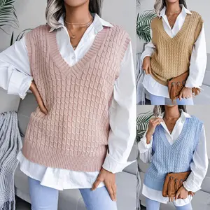 Casual Loose Knitted Ladies Sweater Vest Europe and The United States 2023 Autumn and Winter V-neck Twist Young Ladies Women