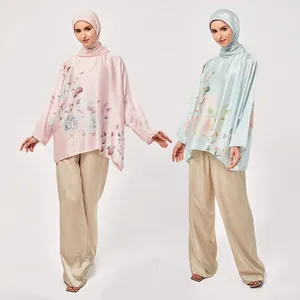 Print flower silky satin batik kaftan top high collar zip and button closure muslim ladies tops