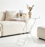 Table basse pliable personnalisée en acrylique transparent avec bordure dorée, poignée intégrée et plateau de service