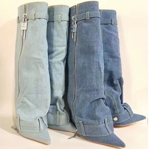 Denim Metallic Lock Shark <b>Boots</b> Cowgirls Zipper Thin Heels Knee High Booties Women Pointed Toe Runway Party Shoes for Lady - Product Image 5