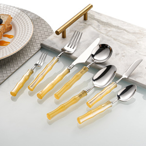 Juego de Cubiertos de Acrílico con Diseño de Bambú, 18 Piezas, Acero Inoxidable, para Carne, Té y Postre, Hoja Pulida de Color Sólido - Product Image 4