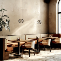 Ensemble de meubles modernes pour restaurant, café, tables à manger en marbre avec chaises en rotin et banquette en tissu orange pour café