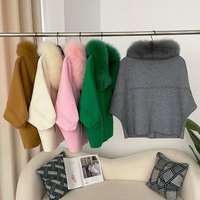 Vente Flash Mode : Manteau en Tricot Uni à Manches Courtes pour Femme avec Col Amovible en Fourrure de Renard