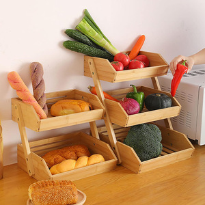 Bamboo Wood Three Layer Storage Rack Stackable <b>Kitchen</b> Countertop Vegetable Drainer Fruit Bread Organizer Rectangle Shape - Product Image 3
