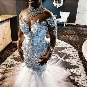 FA263 кружевное свадебное платье-Русалка с прозрачной сеткой, 2022 Тюлевое кружевное платье с аппликацией из бисера и кристаллов, свадебные платья с длинными рукавами