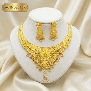 Luxury African Floral 24K Gold Plated Statement Necklace Set Nigerian Bridal Jewelry with Matching Earrings - Product Image 1