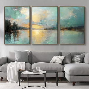 Peinture à l'huile originale moderne peinte à la main, paysage <span class=keywords><strong>de</strong></span> <span class=keywords><strong>lac</strong></span> vert, art mural abstrait vert et doré sur toile - Product Image 1