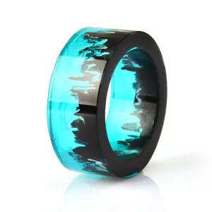 Bague en résine de montagne pour Couple, en bois, intérieur magique, un petit paysage, Punk, bleu, à la mode, 1 pièce