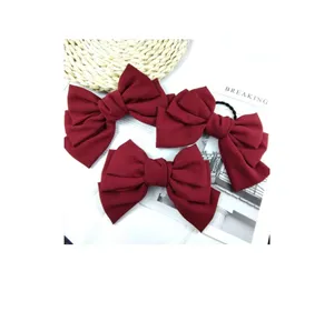 Ins Hot Selling Three Layers Large Bows Hair Ties Duckbill Clip Burgundy Spring Clip Seersucker Hair Accessories