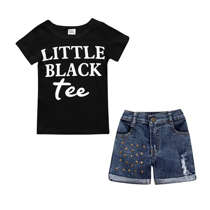 Zomer Goedkope Baby Meisjes Korte Mouw Cool T-Shirt En Denim Shorts Twee Stukken Kinderkleding Cadeau Set