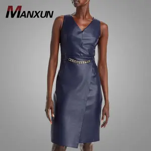 Terbaru gaun kulit imitasi leher V bungkus rantai detail penutup ritsleting belakang gaun wanita kasual Midi Gaun kulit
