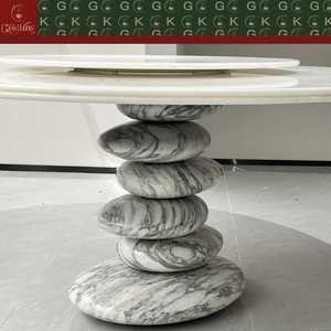 Mesa de Comedor Redonda de Mármol Blanco de Lujo GOLDKING con Vetas Grises, Tapa Giratoria y Pedestal de Piedra Natural Apilada, OEM ODM Directo - Product Image 4