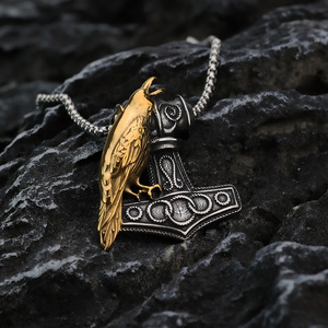 Yunnique – collier pour hommes en acier inoxydable, pendentif Viking Raven Thor Hammer, bijoux cadeau, design asymétrique, thème animal géométrique - Product Image 3