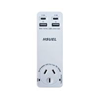 Pengisi Daya HSUEL 4-Port Australia dengan 1 Soket Daya Berpelindung dari Lonjakan Arus, 2 Port Pengisian USB-A & 2 Port Pengisian USB-C, Bersertifikasi SAA