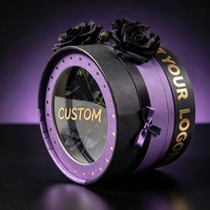 Custom Round Purple <b>Gift</b> Box With Black Roses Gold Foil Logo And Purple <b>Bow</b> For Flower Packaging - Product Image 2