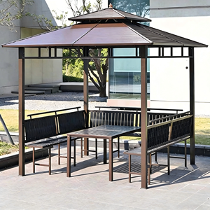 Gazebo en acier d'extérieur avec <span class=keywords><strong>auvent</strong></span> en <span class=keywords><strong>bois</strong></span>, toit en métal, toit rigide, taille personnalisable, montage facile, filet anti-rongeurs, bâtiments de jardin - Product Image 2