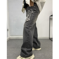 Jeans en Denim Personnalisés pour Homme, Coupe Ample, Style Streetwear, Délavé à l'Acide, avec Lettres et Écusson Brodés