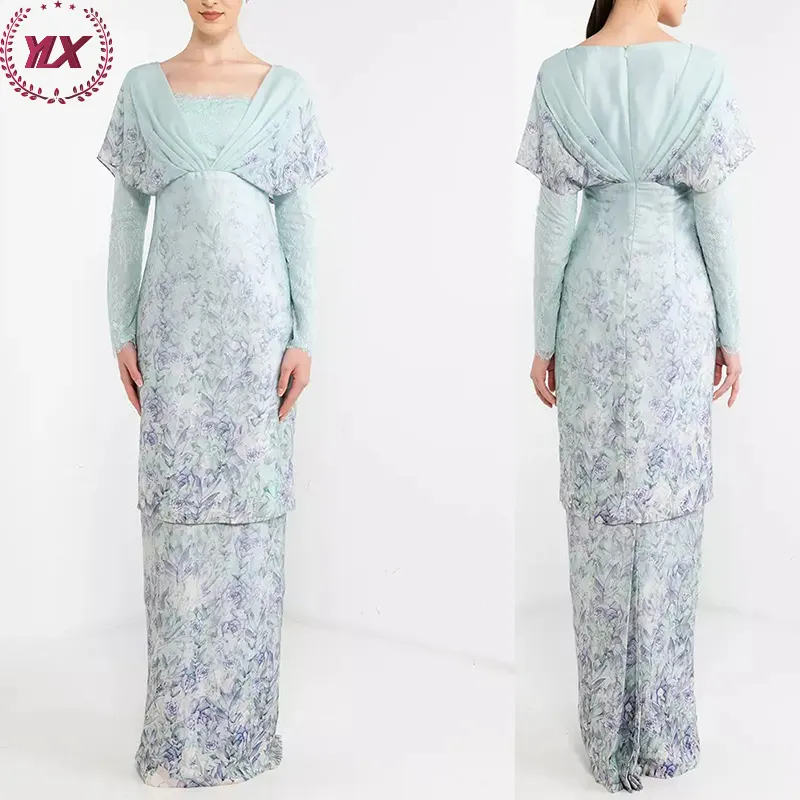 Elegant Flower Print With Lace Muslim Wholesale Women Fashion Modern Baju Kurung Malaysia 2023