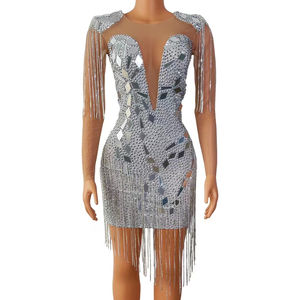 Vestido de fiesta de lentejuelas de cristal plateado con escote en V profundo, para mujer, fiesta de boda, baile latino, ceñido al cuerpo - Product Image 2