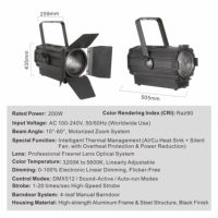 Avastron 220W COB LED Zoom Fresnel-Scheinwerfer 10-60 Grad Abstrahlwinkel CRI 90 DMX512 IP20 für Theater TV-Studio Halle Bühnenbeleuchtung