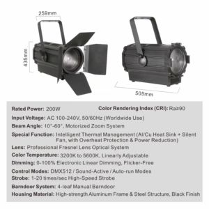 Prix d'usine 220W COB LED Zoom Fresnel Spotlight Blanc Chaud CCT 3200K-5600K DMX512 IP20 Lumières <span class=keywords><strong>de</strong></span> Scène pour Théâtre, Studio TV et <span class=keywords><strong>Salle</strong></span> - Product Image 6