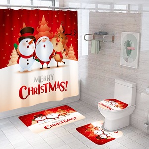 Rideau de Douche en Polyester Scène de Noël Rouge avec Bonhomme de Neige et Renne, Impression Numérique Personnalisée, Vente en Gros Moderne - Product Image 2