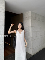 Robe d'été blanche plissée sans manches à col en V pour femme, coupe ample en H, taille haute, longueur mi-longue, personnalisée en usine, style minimaliste