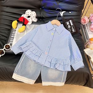 Completo due pezzi da <span class=keywords><strong>bambina</strong></span> per la primavera e l'autunno, camicia a quadri alla moda e <span class=keywords><strong>pantaloni</strong></span> <span class=keywords><strong>in</strong></span> denim con pizzo. - Product Image 2