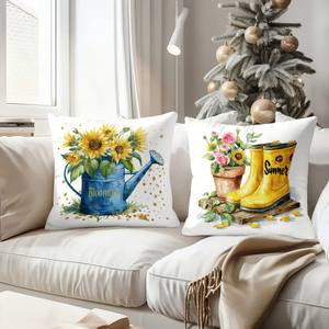Sunflower themed throw pillows featuring vintage truck bike boots and watering can for cozy summer decor - Product Image 4