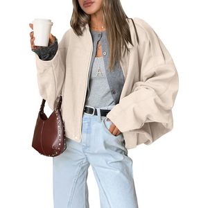 Womens Faux <b>Suede</b> <b>Bomber</b> <b>Jacket</b> Oversized Zip Up Cropped Windproof Fall Winter Motorcycle Coat Full Sleeve Light Weight - Product Image 1