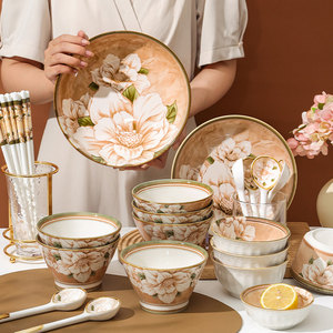 Bộ đồ ăn sứ cao cấp, đĩa tròn viền hoa, đồ trang trí nhà cửa, phong cách cổ điển - Product Image 4