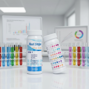 Bandelettes de <span class=keywords><strong>test</strong></span> 6 en 1 : <span class=keywords><strong>Test</strong></span> complet du pH, du chlore libre, du chlore total, de l'alcalinité totale, de l'<span class=keywords><strong>acide</strong></span> <span class=keywords><strong>cyanurique</strong></span> et de la dureté - Product Image 1