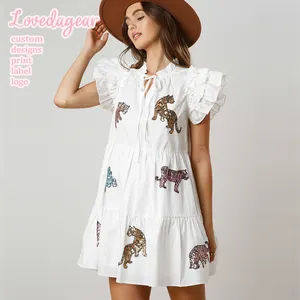 Lovedagear New Design Loose Ruffle Ladies Spring Summer LSU Dress Tiger Patches Sequin Dress Women Christmas