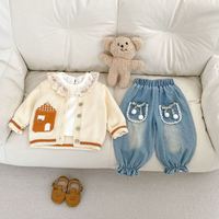 Cárdigan de punto al por mayor para bebé, 100% algodón, con patrón de casa, suéteres divertidos para niños, conjuntos de ropa, chaquetas para niños pequeños