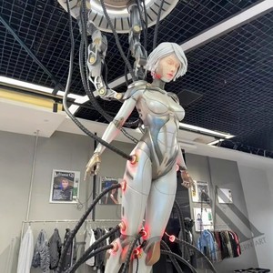 カスタムリテールショッピングモールロビーLEDオービットリング設置クロームディスプレイファイバーグラスサイバーエンジェルロボット女性彫刻 - Product Image 5