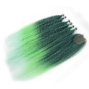 Ombre blu verde rosa estensioni del tessuto dei capelli sintetici 6 fasci con chiusura onda naturale tessitura dei capelli ricci lunghi per le donne