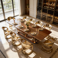 Ensemble de table à manger de luxe moderne, cadre en fibre de verre doré, plateau en marbre brillant, meubles, grand bureau rectangulaire pour villa