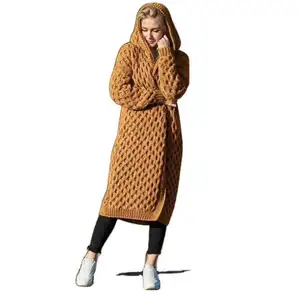 2024 סתיו וחורף חמים חדש צבע אחיד אופנה נשים סוודר ארוך סרוג מעיל קרדיגן ברדס
