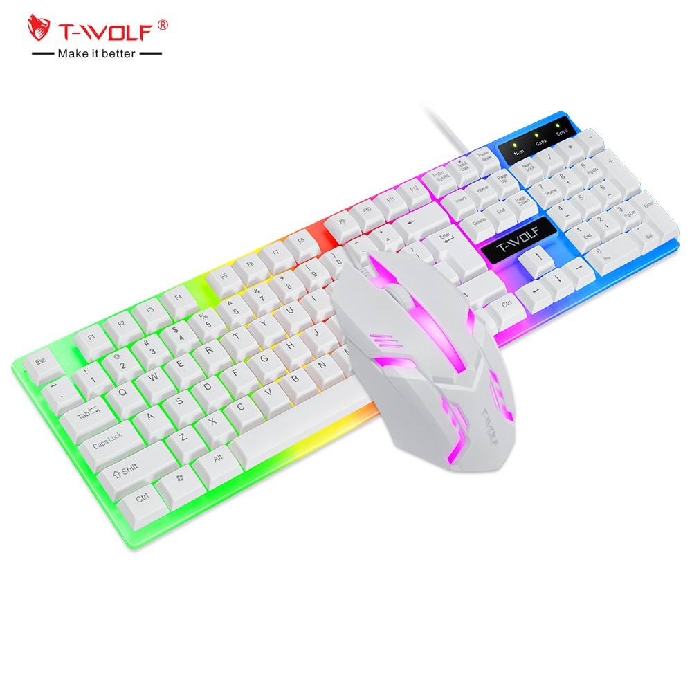 T-WOLF TF230 Wired Gaming Keyboard & Mouse Set | 104-Key RGB Combo, 1200-2400 DPI Optical Mouse, Ergonomic Design for PC/Laptop Office & Gaming – White/Black (Kuwait)