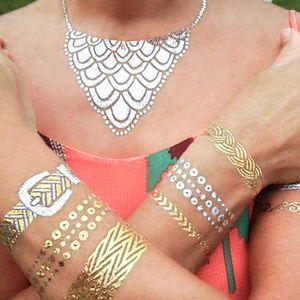 Nouveauté très demandée : Tatouages temporaires imperméables pour femmes, motifs chaîne, <span class=keywords><strong>bijoux</strong></span>, art corporel, doré, argenté, pailleté - Product Image 5