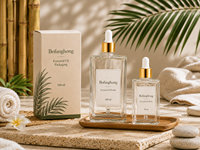 L'usine BoFangHong personnalise des flacons compte-gouttes en verre transparent de forme carrée plate de 30, 50 et 100 ml pour huiles essentielles et parfums, avec embout doré.