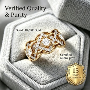 Bague Cocktail Vintage en Or Jaune Massif 18K avec Trois Diamants, Filigrane et Pavé Milgrain, pour Femme, Vente Directe Usine, MOQ 1 pièce - Product Image 3