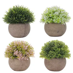 Atacado de flores artificiais planta verde artificial, mini plantas de plástico com vaso cinza para decoração interna de casa