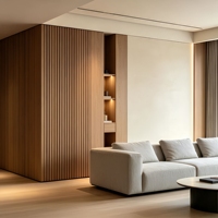 Meubles sur mesure pour toute la maison : Armoire moderne sans poignées en MDF crème avec mur à lattes, niche encastrée LED, pour salon et chambre.