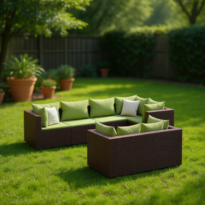 Ensemble de salon de jardin en rotin vert brun, 7 pièces, pour la détente en plein air - Product Image 2