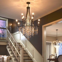 Lustre en cristal double style américain, rétro, pour villa française, trois longues lampes LED vintage dorées pour salon, chambre et escalier